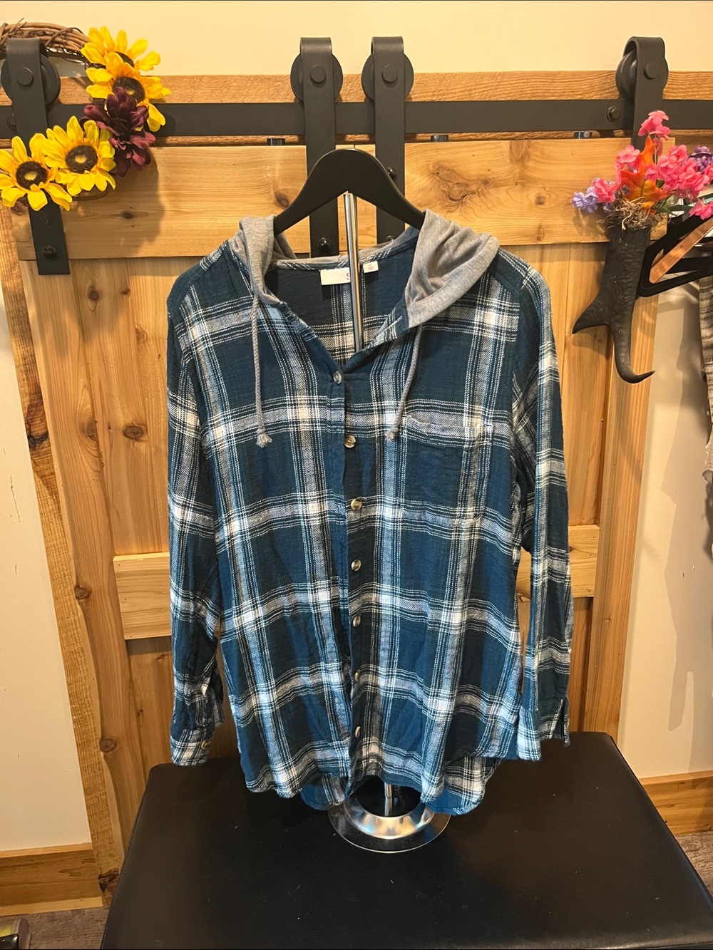 SO Turquoise Plaid Button-Down Hooded Shirt